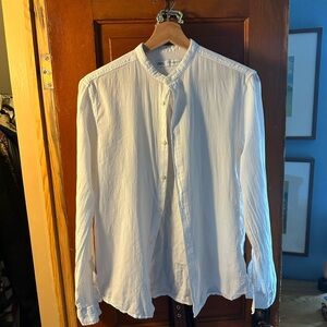 White linen mandarin collar button down
